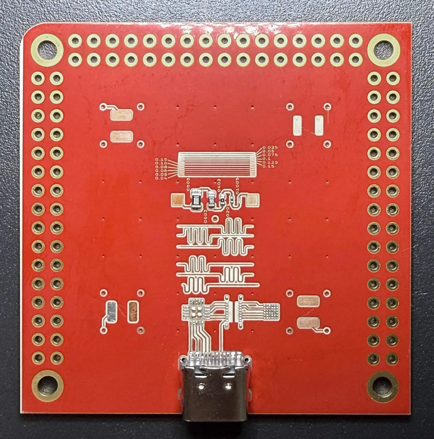 A complete PewCB test board with varied trace widths, component sizes and USB-C connectivity