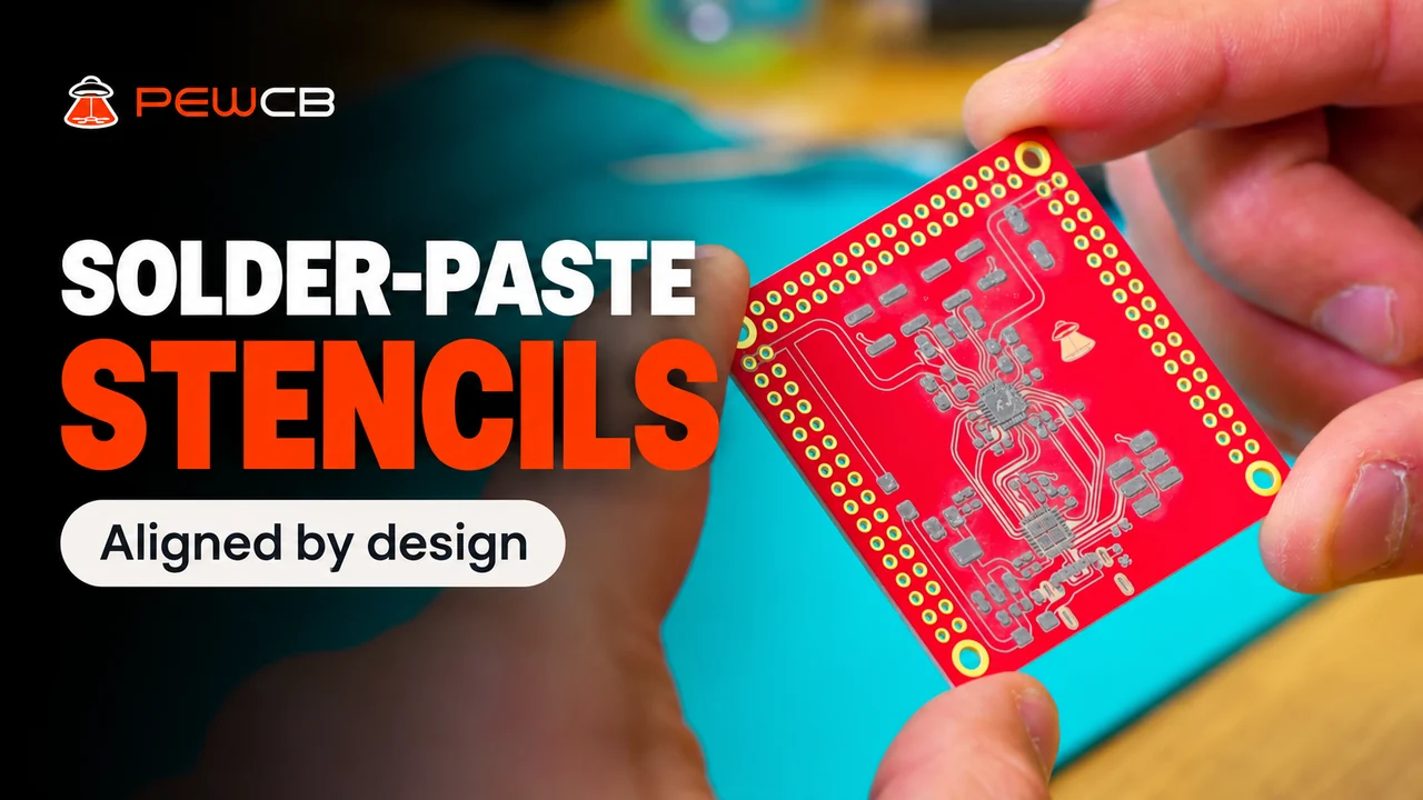 Solder-Paste Stencils — Aligned by design, with solder paste applied to a PewCB PCB