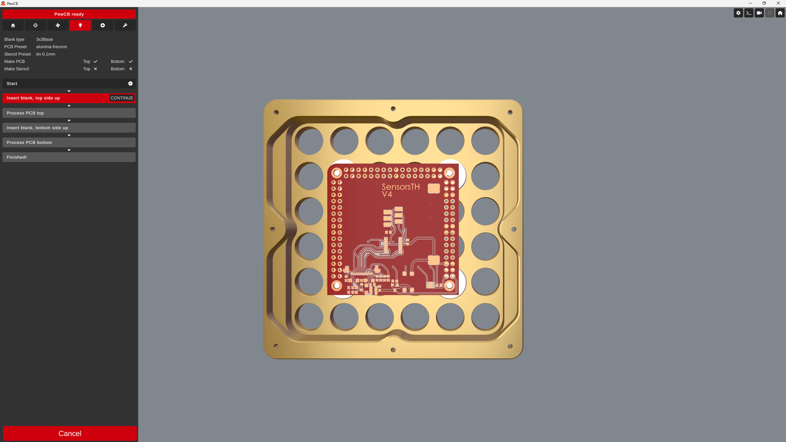 PewCB app showing the board in its tray and the prompt to insert the blank, top side up